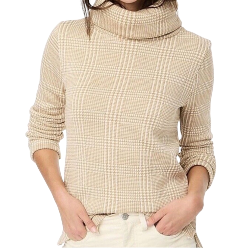 🔥J.CREW Factory Tan/Ivory Plaid Long Sleeve Funnelneck Pullover Sweater SZ S‎